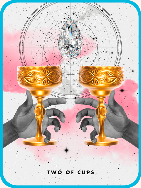 the two of cups tarot card, showing two hands holding golden goblets