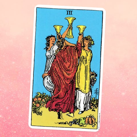 la carta del tarot el tres de copas, que muestra a tres mujeres blancas con túnicas bailando en círculo, cada una sosteniendo una copa dorada