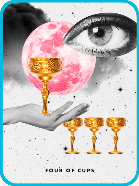 The tarot card is 4 cups, 4 golden cups are displayed in front of a huge
