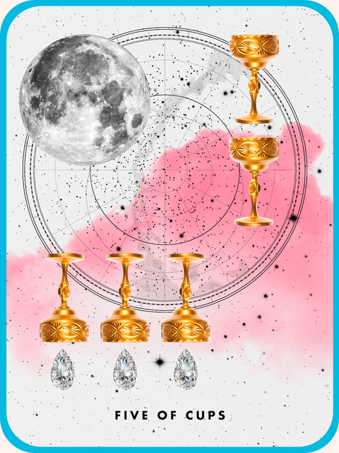 the tarot card the five of cups, showing five golden goblets arranged over a pink background