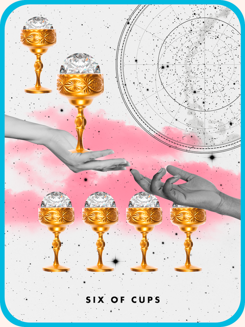 altı kupa tarot kartı, bir eliyle iki bardağı diğer ele doğru tutan altı altın kupayı ve arka planda dört kupayı daha gösteriyor