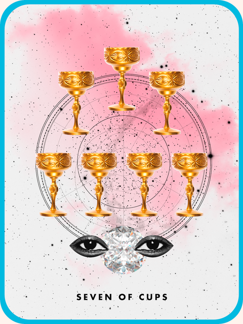siyah beyaz bir çift gözün üzerinde yedi altın kadehi gösteren kupa yedili tarot kartı
