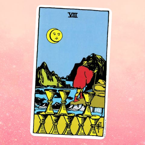 the Eight of Cups tarot card, showing a person walking on a hilly shore, with eight golden cups below them