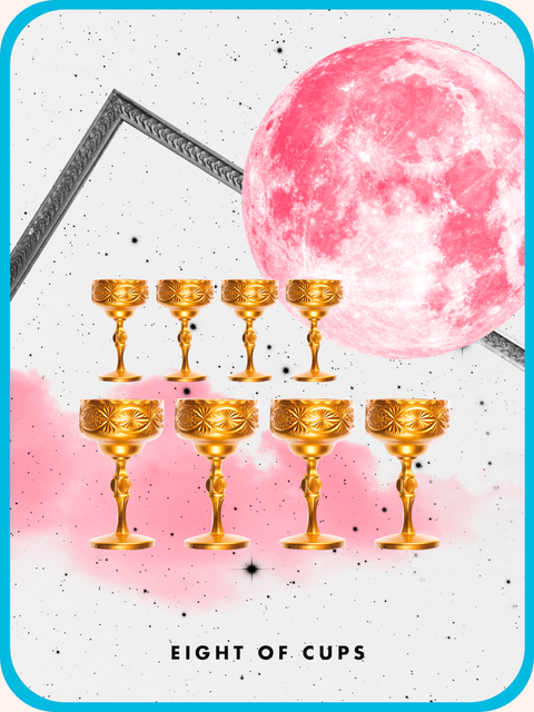 the Eight of Cups tarot card, showing eight golden cups in two rows