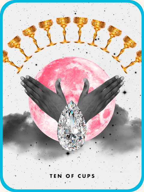 10-Tarot card of the cup A tarot card of 10 cups showing 10 golden cups arranged in a curve on both hands and the pink moon