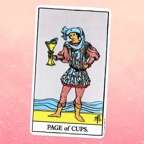 the tarot card the page of cups, showing a page in a tunic and leggings holding up a golden goblet