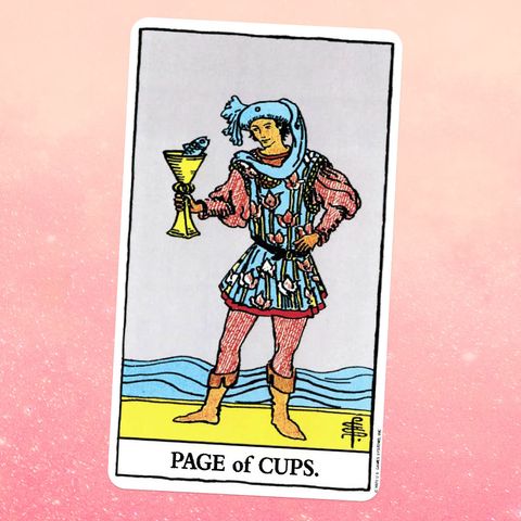 the tarot card the page of cups, showing a youth in a tunic and tights holding a goblet of gold
