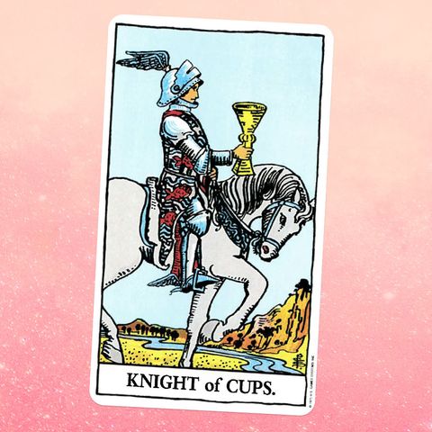 the tarot card the knight of cups, showing a knight in armor on a horse holding a golden goblet