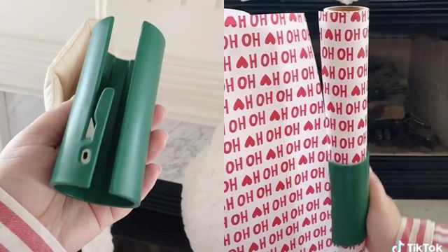 green gift wrap cutter that looks like a cylinder