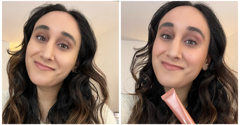 before and after picture of me wearing the charlotte tilbury highlighter wand