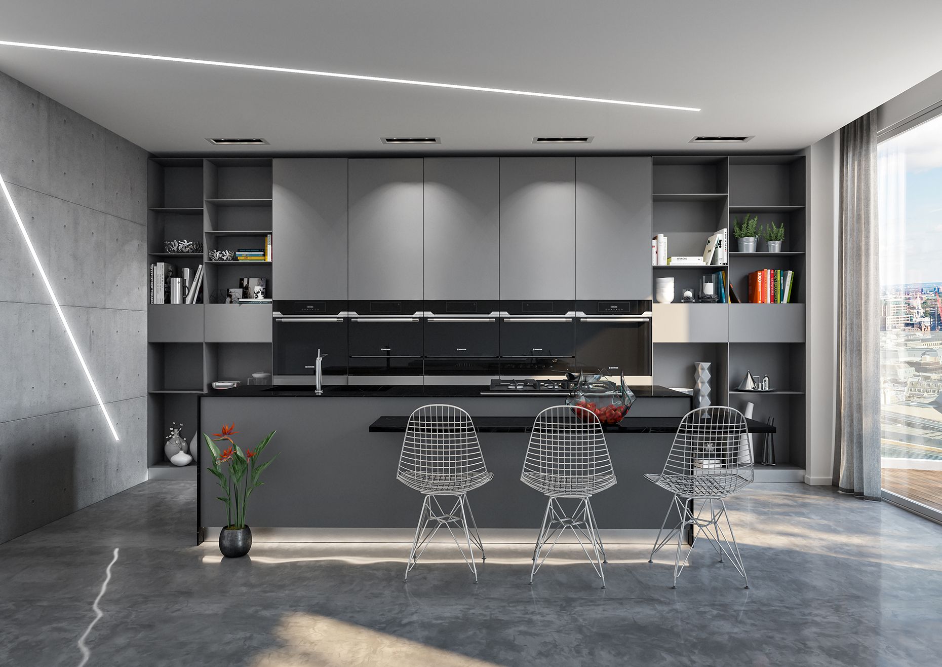 White And Grey Kitchens With Dark Floors And Dark Ceilings Light