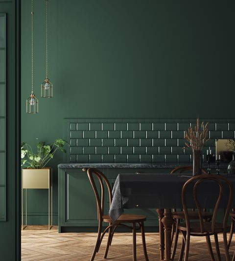 modern dark deep green kitchen interior, wall mock up, 3d render