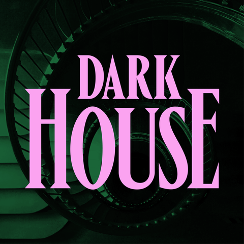 a winding spiral staircase with the words dark house over it in pink