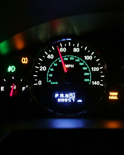 Dashboard view of colorful gauges on a automobile