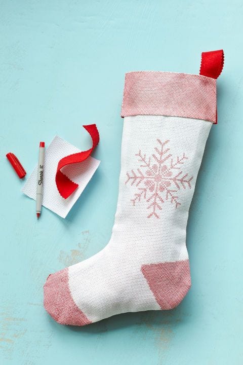 country living stocking with white and red and a snowflake