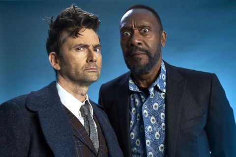 london uk march 2023 actors david tennant li lenny henry pose for a backstage portrait of a doctor sketching for red nose day 2023 london 3 march 2023 london england photo by david emerybbccomic relief via getty images