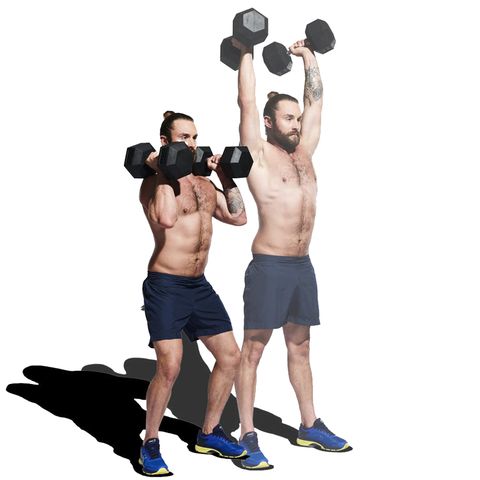 Weights, Exercise equipment, Overhead press, Shoulder, Kettlebell, Dumbbell, Standing, Physical fitness, Sports equipment, Joint, 