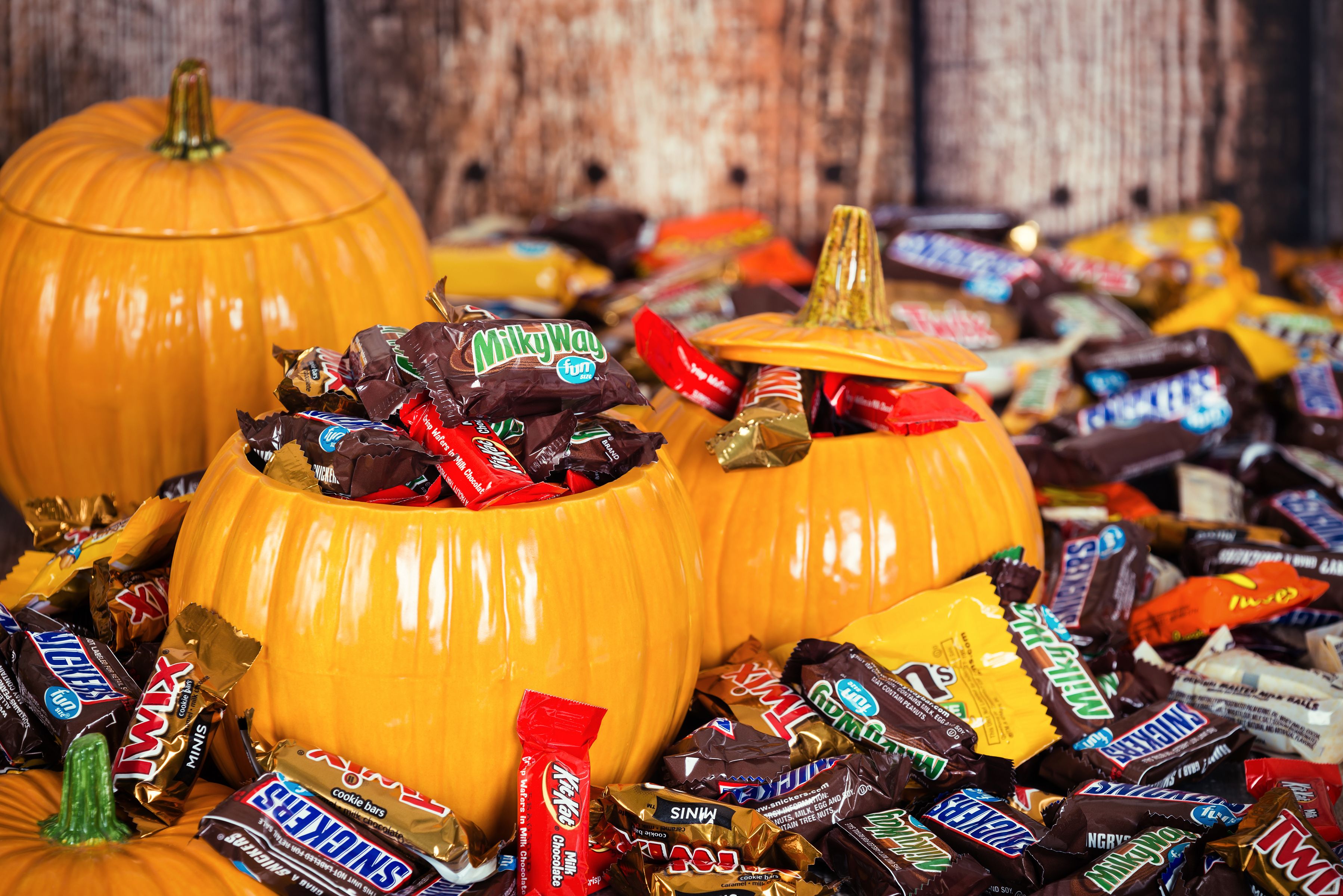 Plastic pumpkins filled with Halloween candy