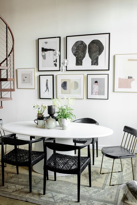 Furniture, Room, Dining room, Table, Interior design, Chair, Black-and-white, Kitchen & dining room table, Design, Building, 