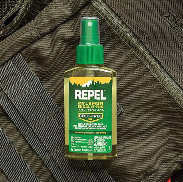 Repel DEET-free mosquito repellent on top of backpack