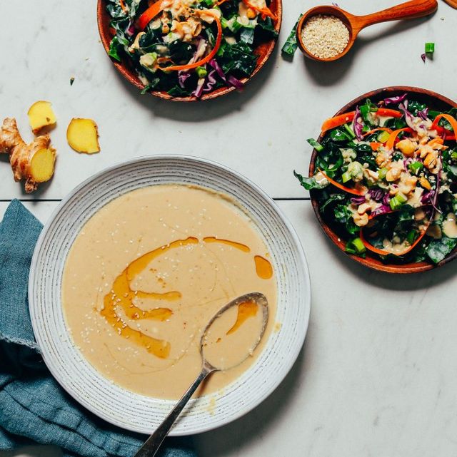 quick ginger garlic miso tahini dressing with two salads
