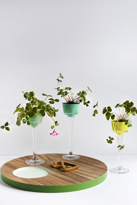 three planters made out of tall glass candle holders that have the cup part each painted a different shade of green, with clover in them