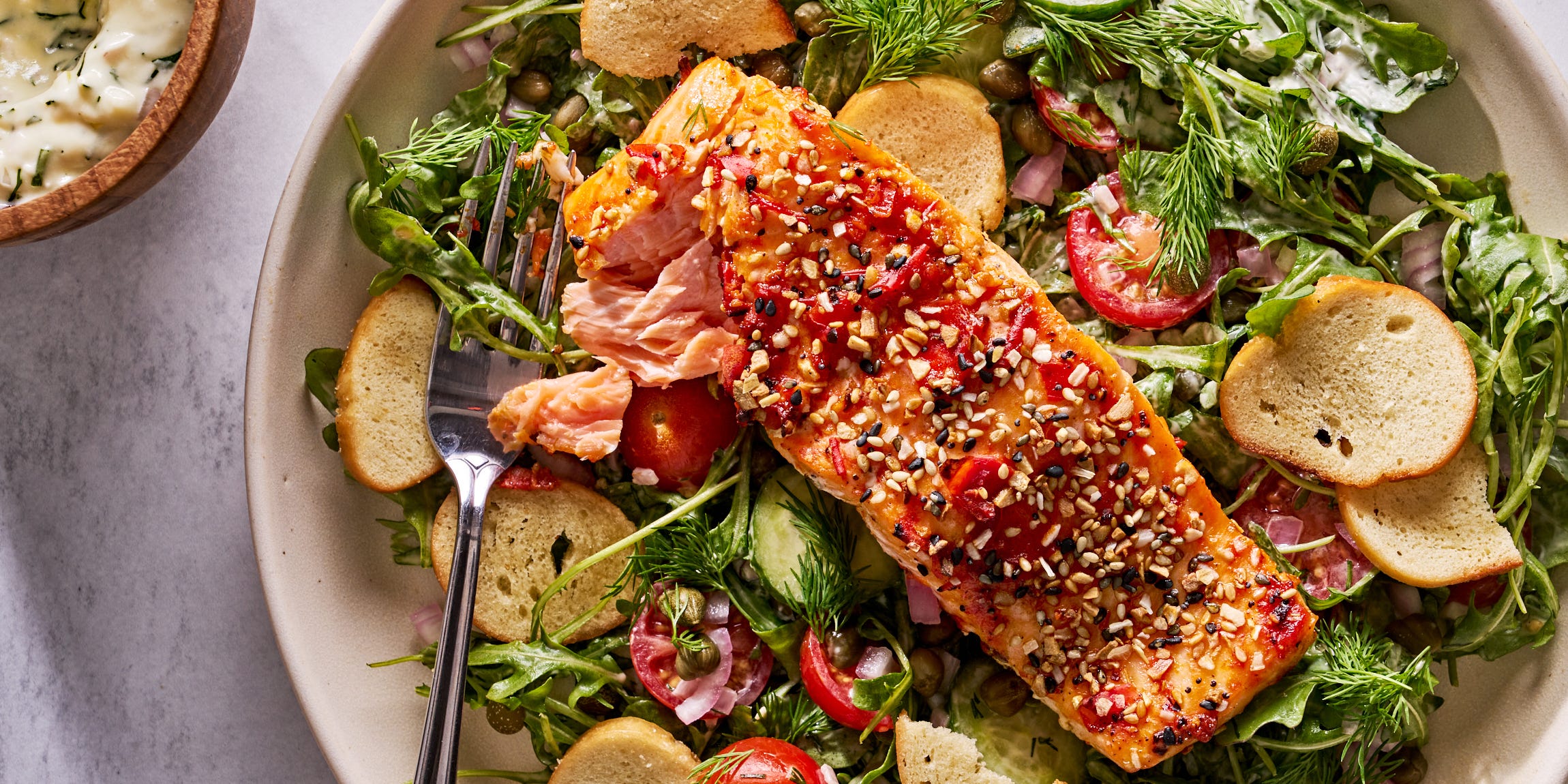 This Everything Bagel Crusted Salmon Has An Irresistible Herby Cream Cheese Dressing