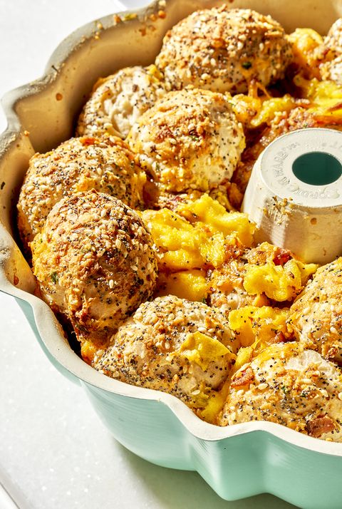 breakfast monkey bread with eggs and bacon baked in a bundt pan