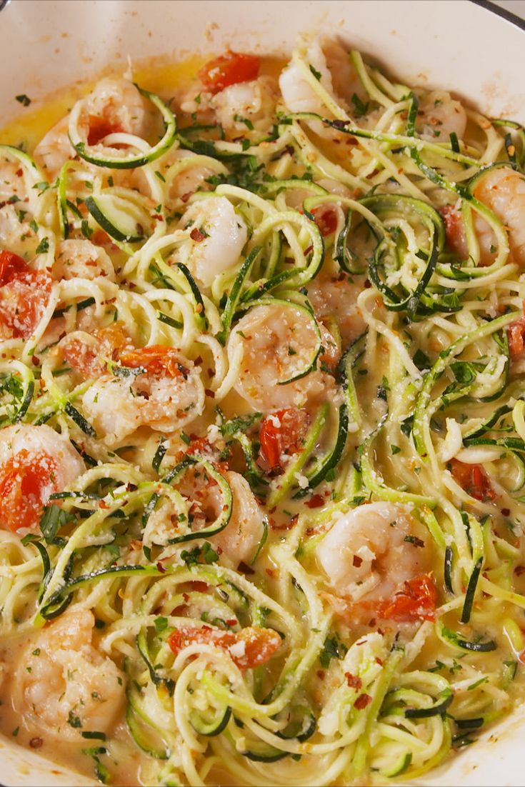 12 Best Keto Shrimp Recipes Ketogenic Diet Shrimp Delish Com   Delish Garlicky Shrimp Zucchini Pasta Pinterest Still001 1523289679 