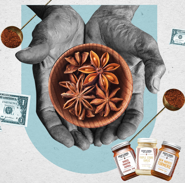 illustration of two hands cupping a bowl of spices, surrounded by dollars cut in half