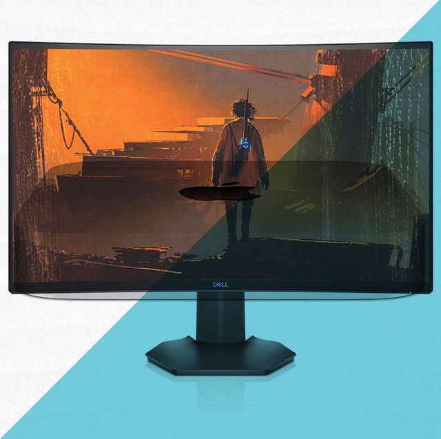 dell computer monitor against blue and white background
