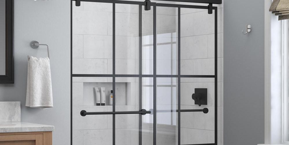 Black Matte Gridded Glass Shower Doors, Delta Glass Bathtub Sliding Door