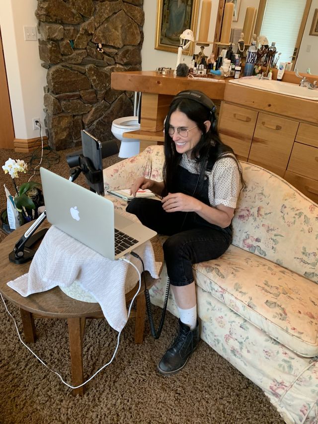 demi moore recording a podcast in her bathroom