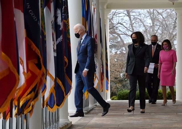 us president joe biden, with l r vice president kamala harris, senate majority leader chuck schumer, democrat of new york, and house speaker nancy pelosi, democrat of california, arrives to speak about the american rescue plan in the rose garden of the white  house in washington, dc, on march 12, 2021 photo by olivier douliery  afp photo by olivier doulieryafp via getty images
