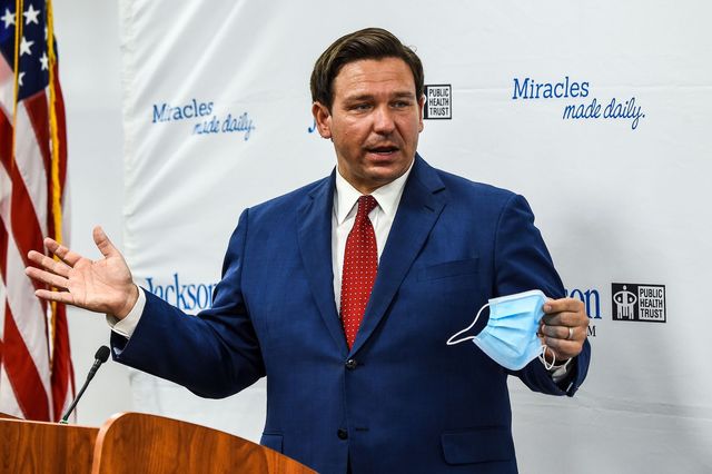 florida gov ron desantis speaks holding his facemask during a press conference to address the rise of coronavirus cases in the state, at jackson memorial hospital in miami, on july 13, 2020   virus epicenter florida saw 12,624 new cases on july 12    the second highest daily count recorded by any state, after its own record of 15,300 new covid 19 cases a day earlier photo by chandan khanna  afp photo by chandan khannaafp via getty images