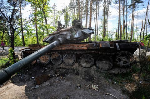 a destroyed military tank of the russian army is seen at