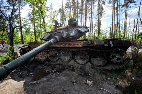 A destroyed military tank of the Russian army is seen at... a destroyed military tank of the russian army is seen at