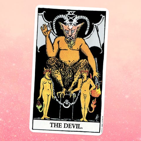 the tarot card the devil, showing a horned creature sitting on a throne with two chained horned humans in frotn of it