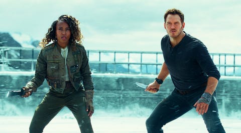 chris pratt as owen grady, dewanda wise as kayla watts, jurassic world dominion