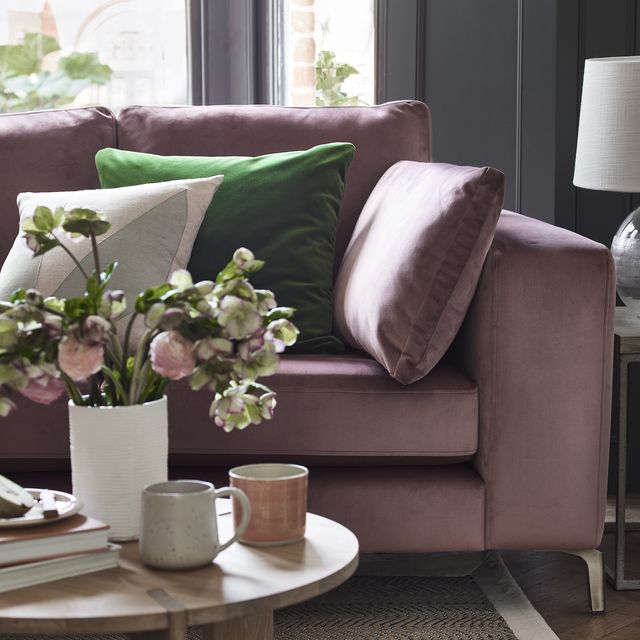 dfs darcy velvet sofa, mauve, pink