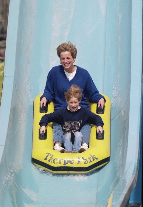 diana, princess of wales, with prince william, and prince harry, at thorpe park