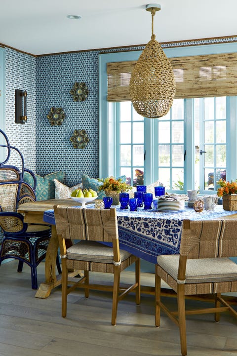 Dining room, Room, Blue, Furniture, Interior design, Table, Property, Yellow, Building, Home, 