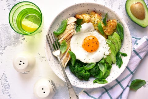 Dinner bowl with meat,fried egg and vegetables