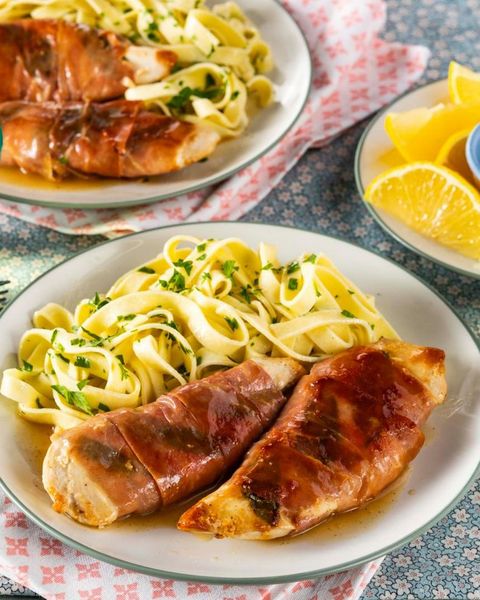 dinner ideas for two chicken saltimbocca with noodles on plate