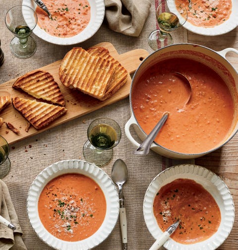 ina garten's creamy tomato bisque with cheddar  chutney grilled cheese sandwiches