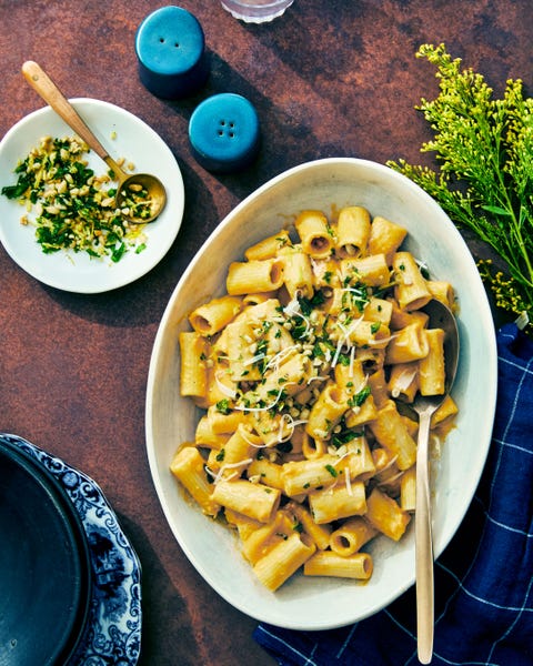 creamy pumpkin pasta with pine nut gremolata