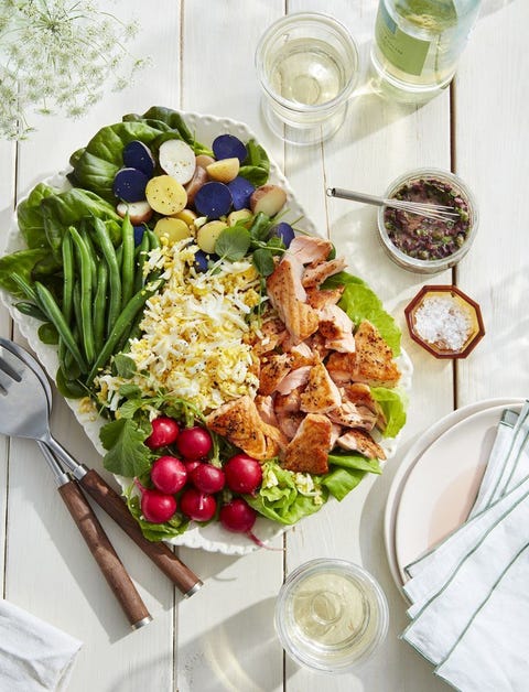 seared salmon, watercress, and potato salad with olive dressing