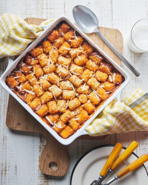 tater tot casserole in a baking pan