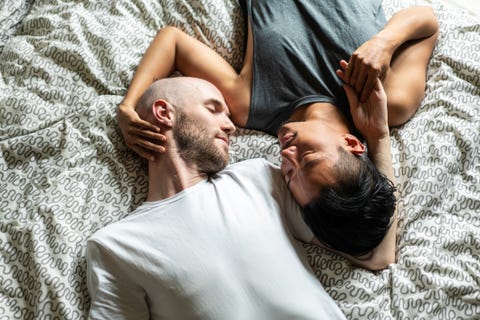 Directly above gay couple in bed Directly above gay couple in bed