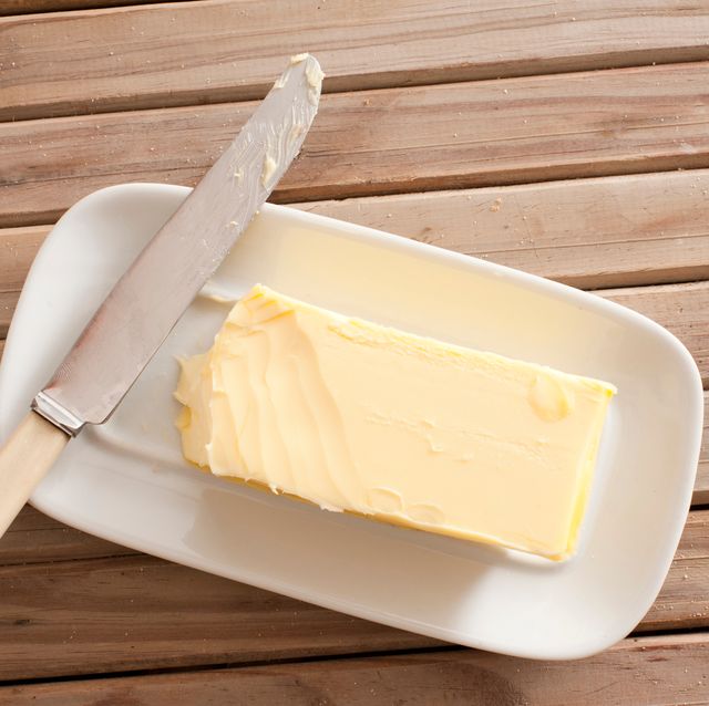 directly above shot of butter and knife on wooden table